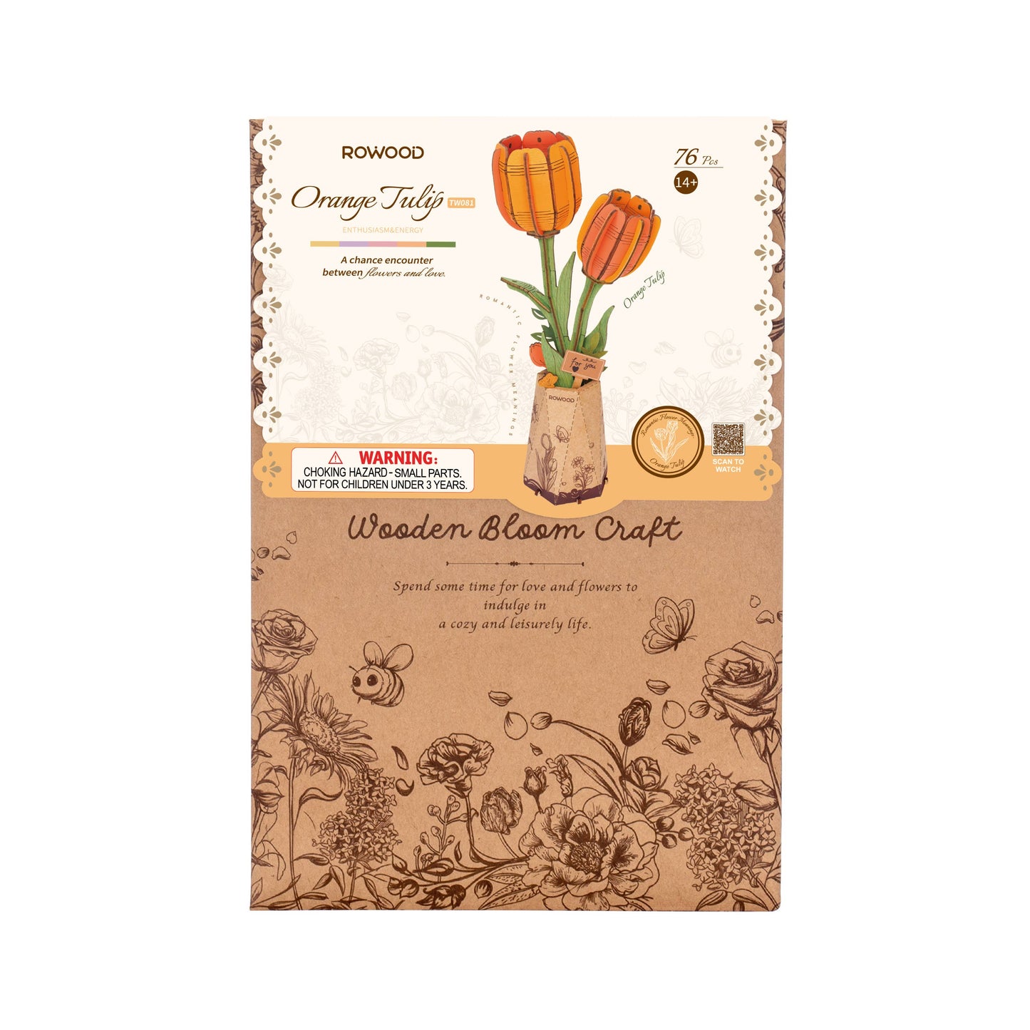 3D wooden flower puzzle, Orange Tulip