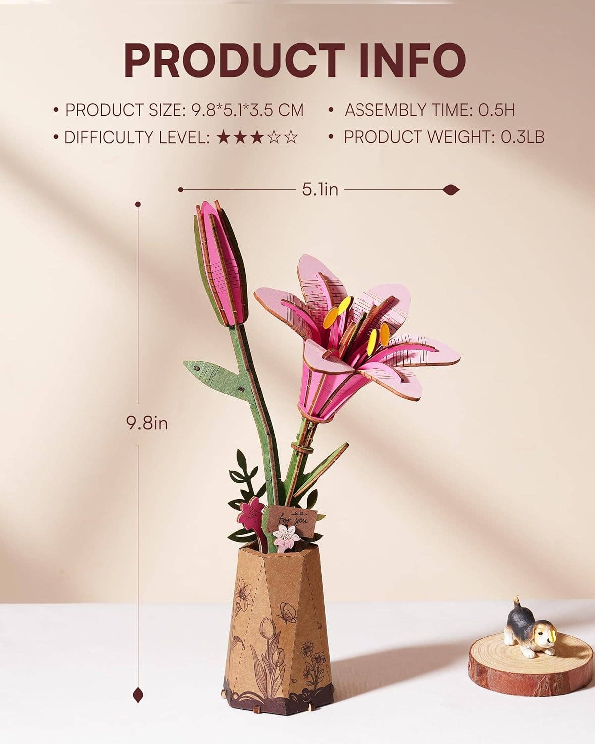 3D Wooden Flower Puzzle: Pink Lily