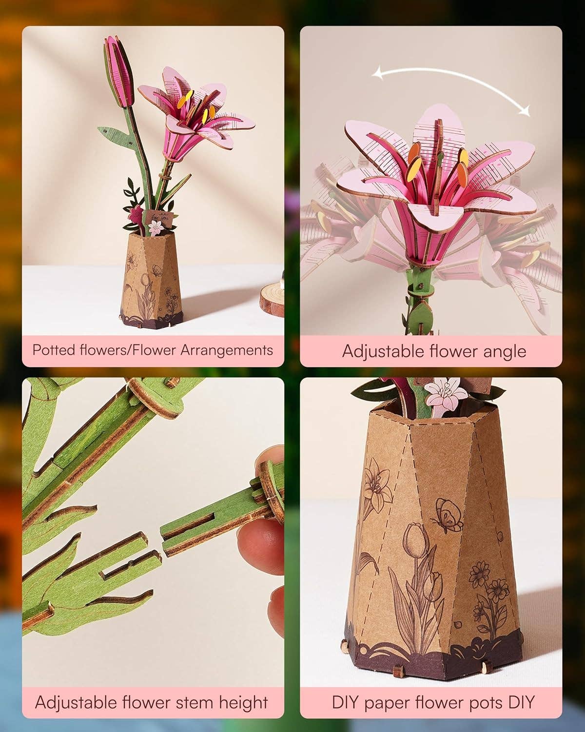 3D Wooden Flower Puzzle: Pink Lily